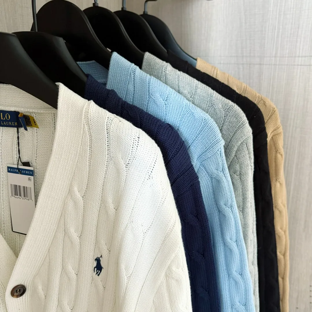 P250 RALPH LAUREN Ralph Lauren six-color classic small label embroidery V-neck long-sleeved button cardigan knitted sweater men's and women's couple tops Color: White Black Navy Gray Pink Blue Size: S M L XL Material: Cotton Weight: 720g